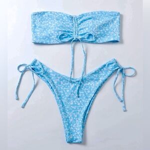 Blue Floral Drawstring Bandeau Bikini Swimsuit Small (4)